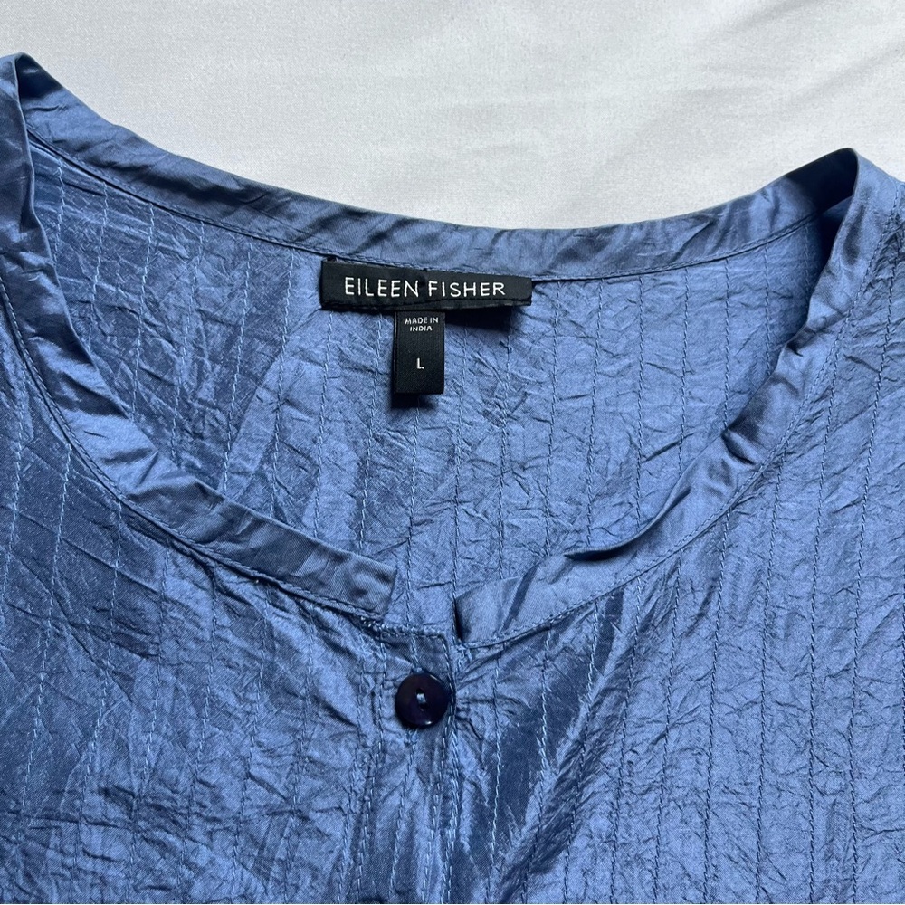 EILEEN FISHER blue‎ silk pleated pintuck button up boxy lagenlook tunic shirt - Picture 7 of 8